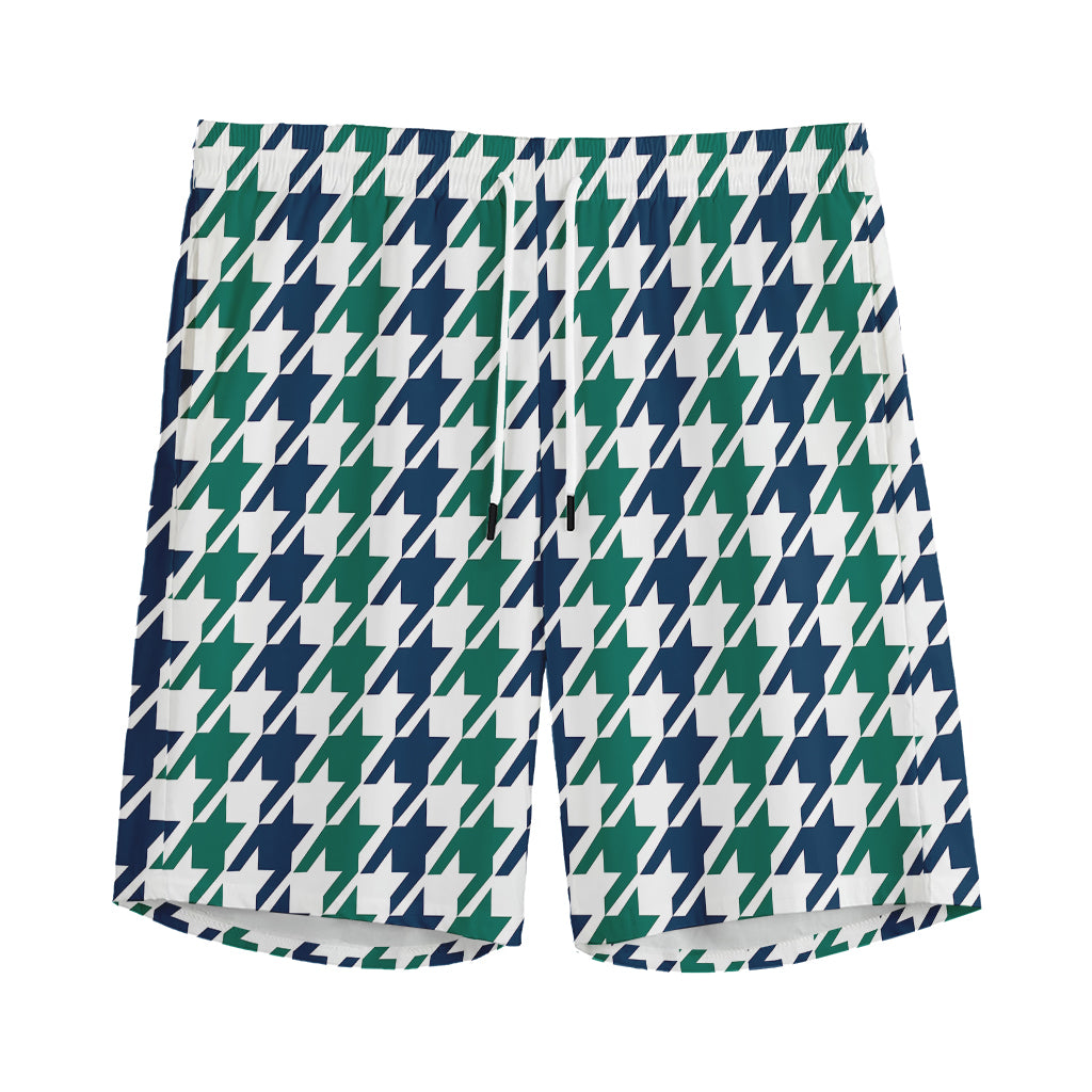 Blue Green And White Houndstooth Print Men's Sports Shorts