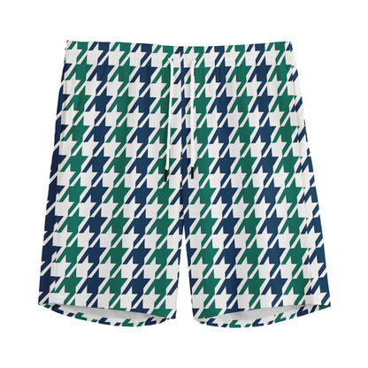 Blue Green And White Houndstooth Print Men's Sports Shorts