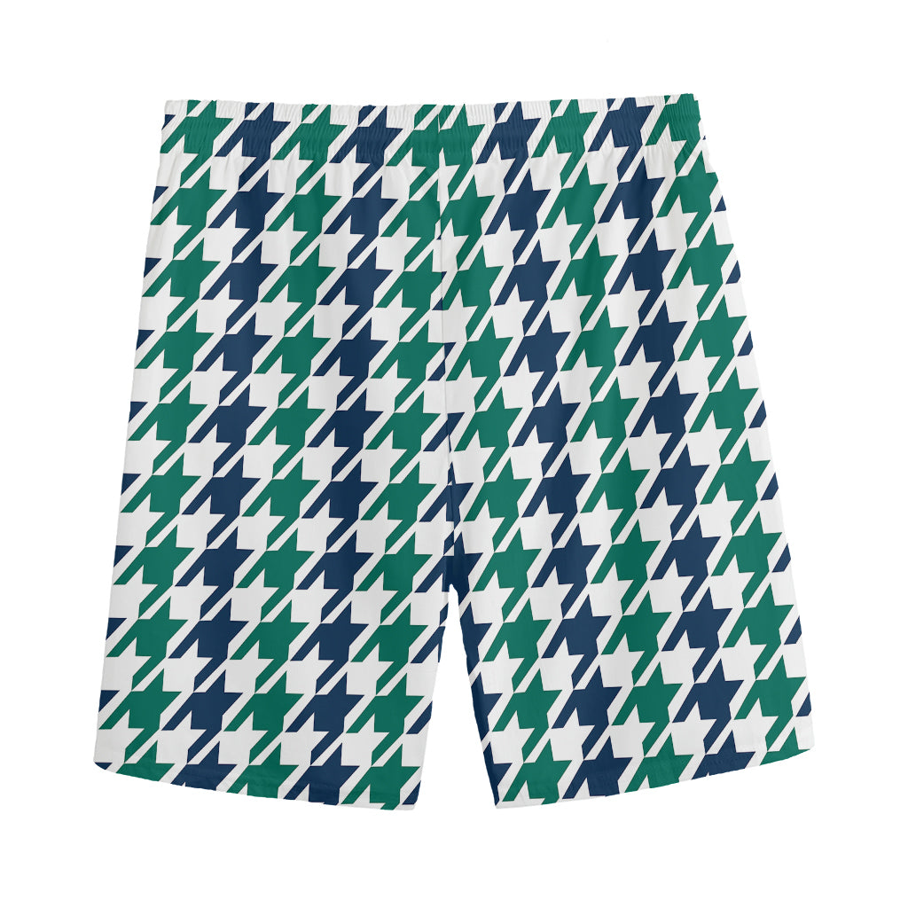 Blue Green And White Houndstooth Print Men's Sports Shorts
