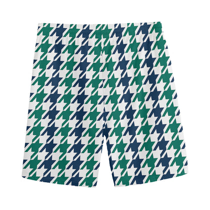 Blue Green And White Houndstooth Print Men's Sports Shorts