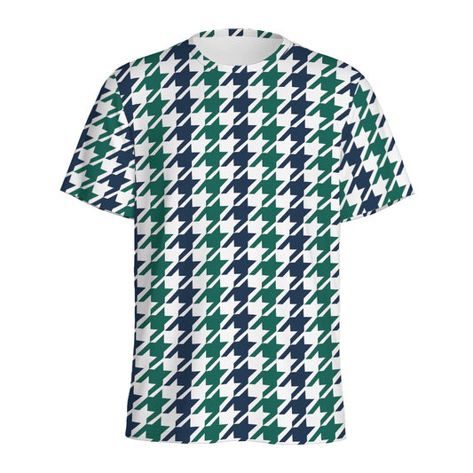 Blue Green And White Houndstooth Print Men's Sports T-Shirt