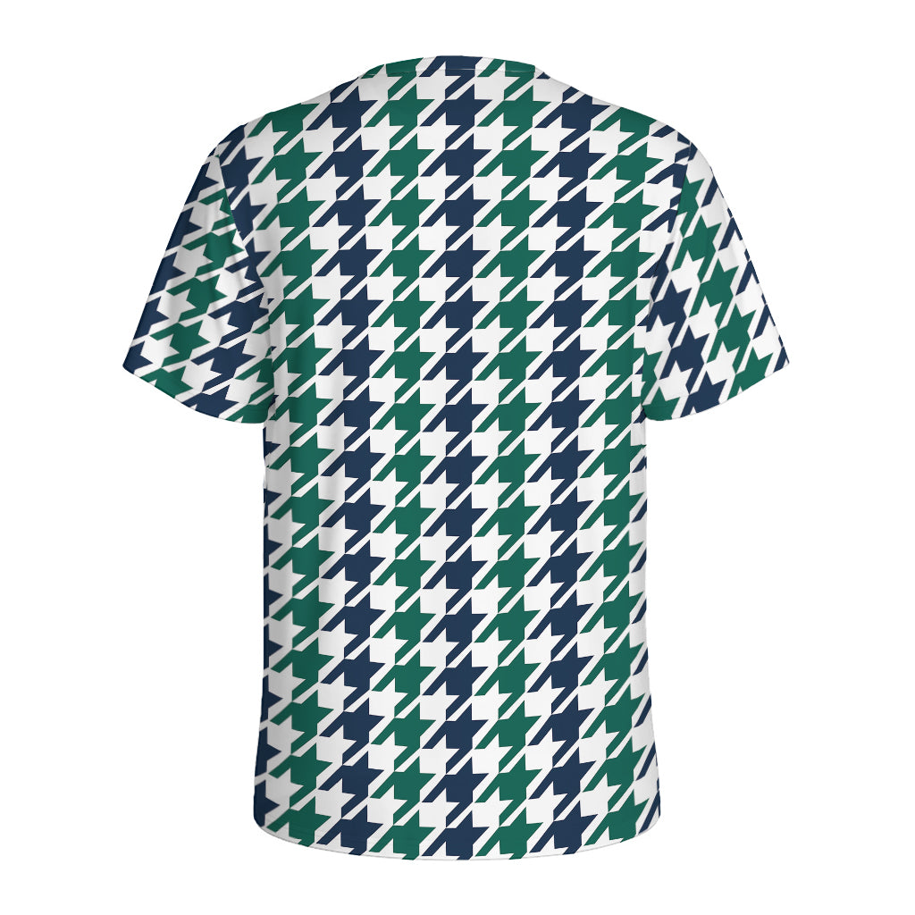 Blue Green And White Houndstooth Print Men's Sports T-Shirt