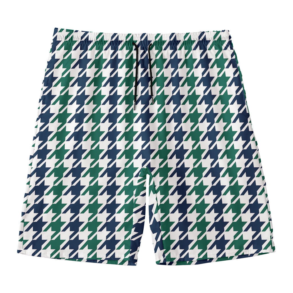 Blue Green And White Houndstooth Print Men's Swim Trunks