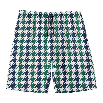 Blue Green And White Houndstooth Print Men's Swim Trunks