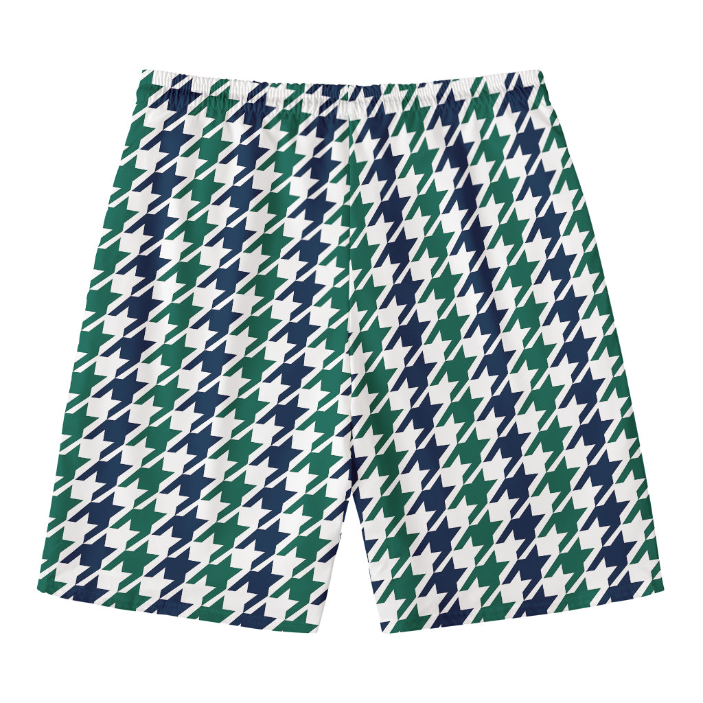 Blue Green And White Houndstooth Print Men's Swim Trunks