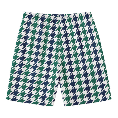 Blue Green And White Houndstooth Print Men's Swim Trunks