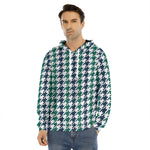 Blue Green And White Houndstooth Print Men's Velvet Pullover Hoodie