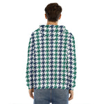 Blue Green And White Houndstooth Print Men's Velvet Pullover Hoodie