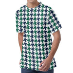Blue Green And White Houndstooth Print Men's Velvet T-Shirt