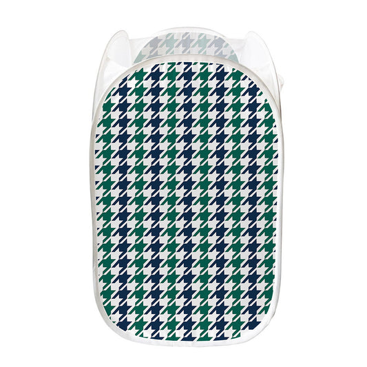 Blue Green And White Houndstooth Print Mesh Laundry Hamper