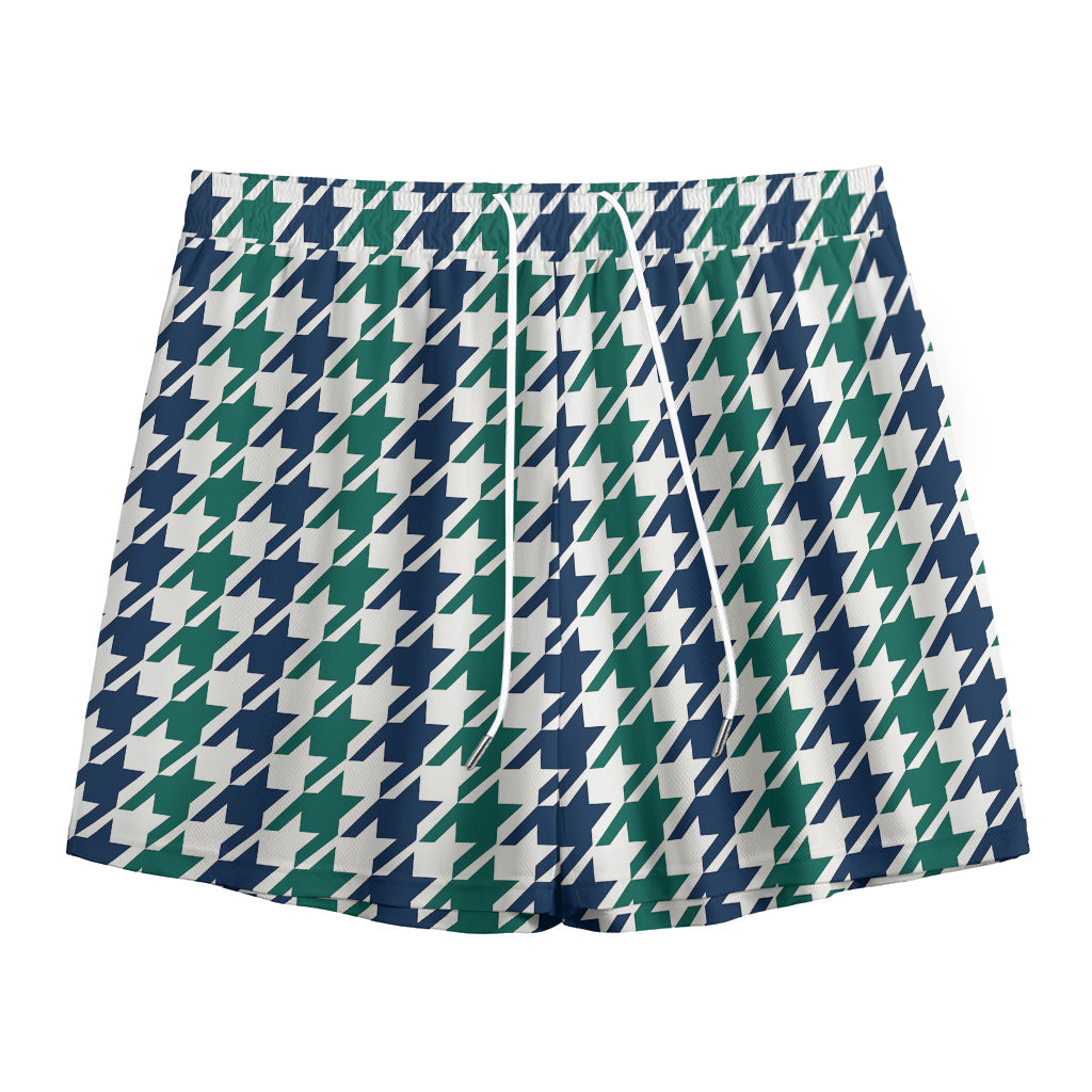 Blue Green And White Houndstooth Print Mesh Shorts