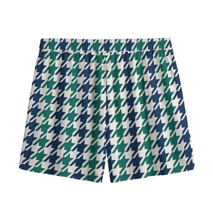 Blue Green And White Houndstooth Print Mesh Shorts