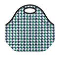 Blue Green And White Houndstooth Print Neoprene Lunch Bag
