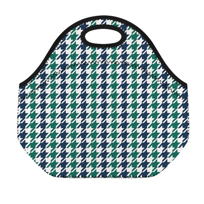 Blue Green And White Houndstooth Print Neoprene Lunch Bag