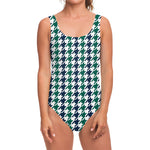 Blue Green And White Houndstooth Print One Piece Swimsuit