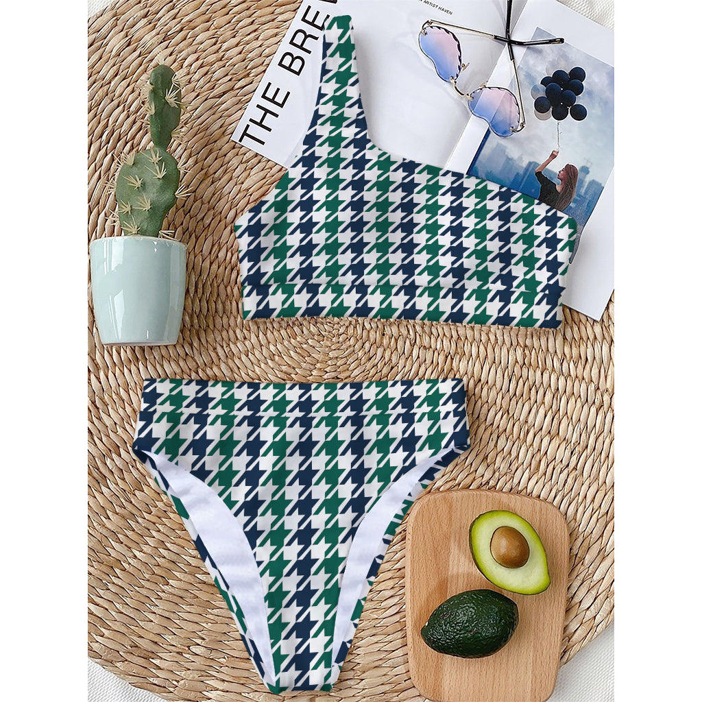 Blue Green And White Houndstooth Print One Shoulder Bikini Top