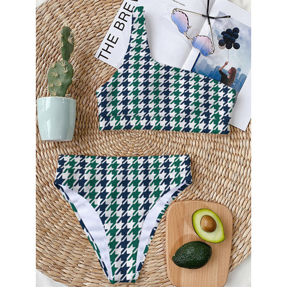 Blue Green And White Houndstooth Print One Shoulder Bikini Top