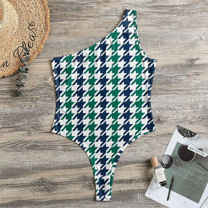 Blue Green And White Houndstooth Print One Shoulder Bodysuit