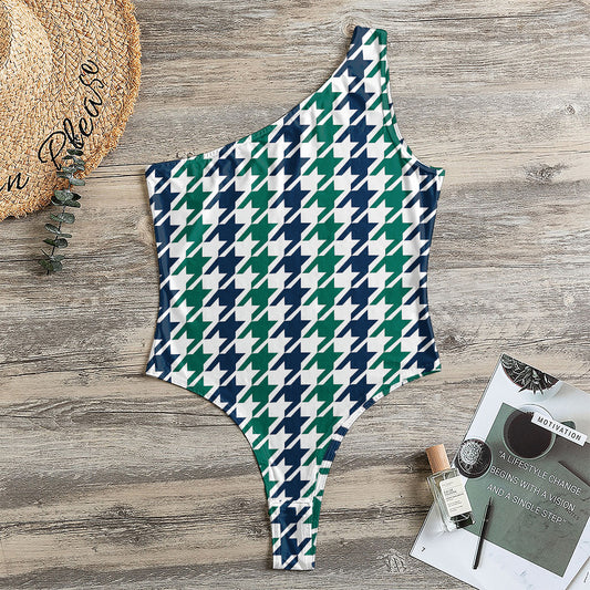 Blue Green And White Houndstooth Print One Shoulder Bodysuit