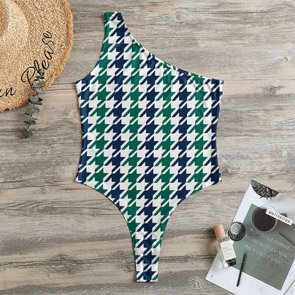 Blue Green And White Houndstooth Print One Shoulder Bodysuit
