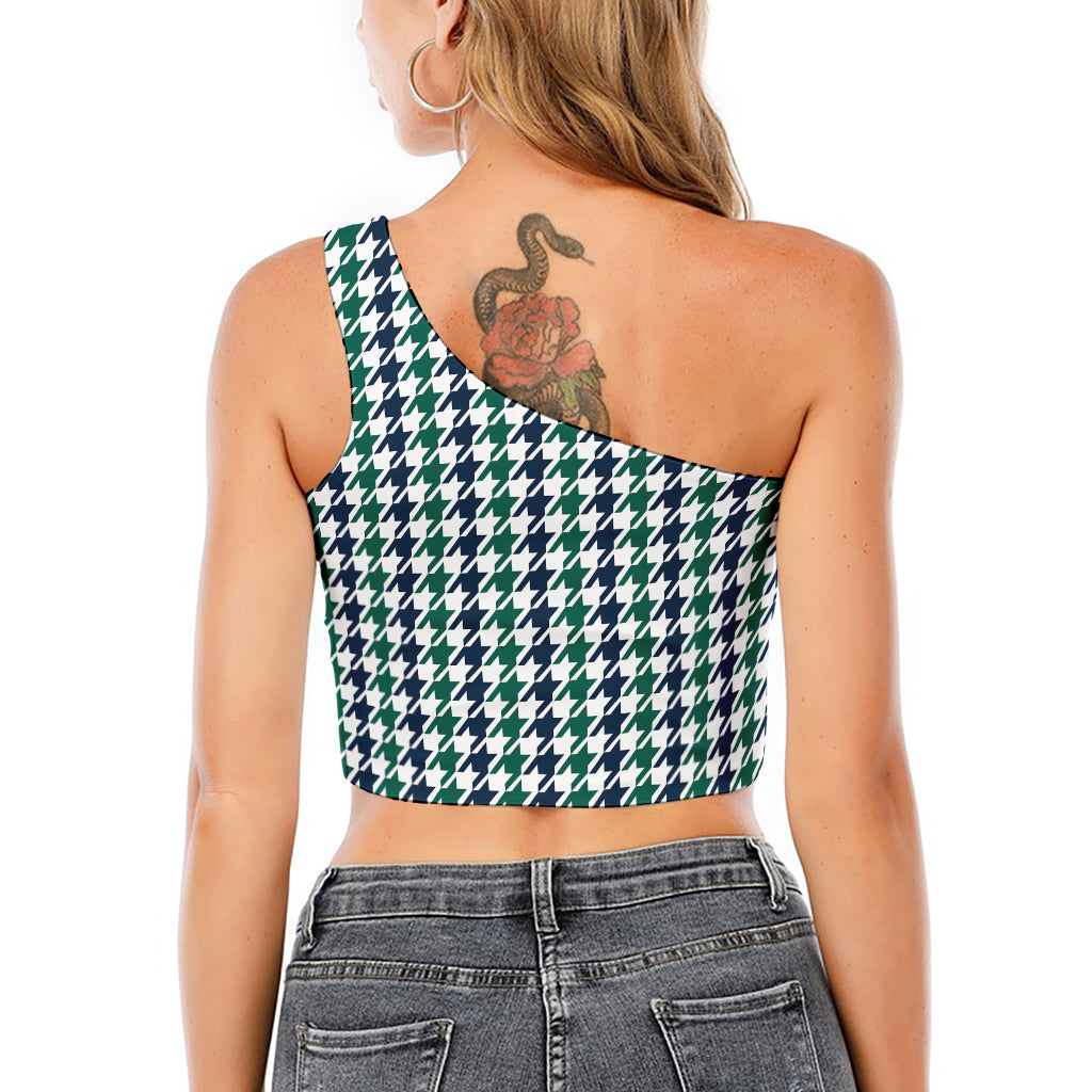 Blue Green And White Houndstooth Print One Shoulder Crop Top