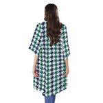 Blue Green And White Houndstooth Print Open Front Beach Cover Up