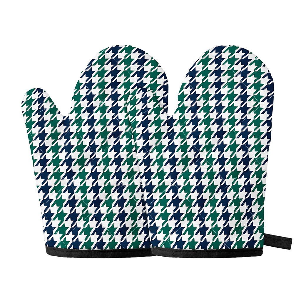Blue Green And White Houndstooth Print Oven Mitts