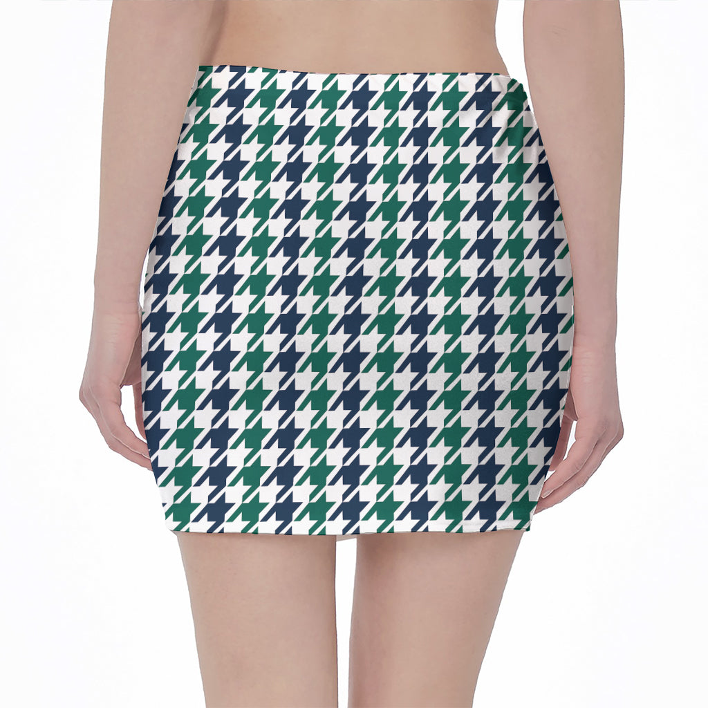 Blue Green And White Houndstooth Print Pencil Mini Skirt