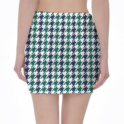 Blue Green And White Houndstooth Print Pencil Mini Skirt
