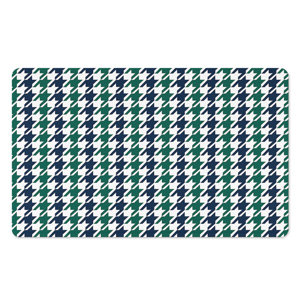 Blue Green And White Houndstooth Print Polyester Doormat