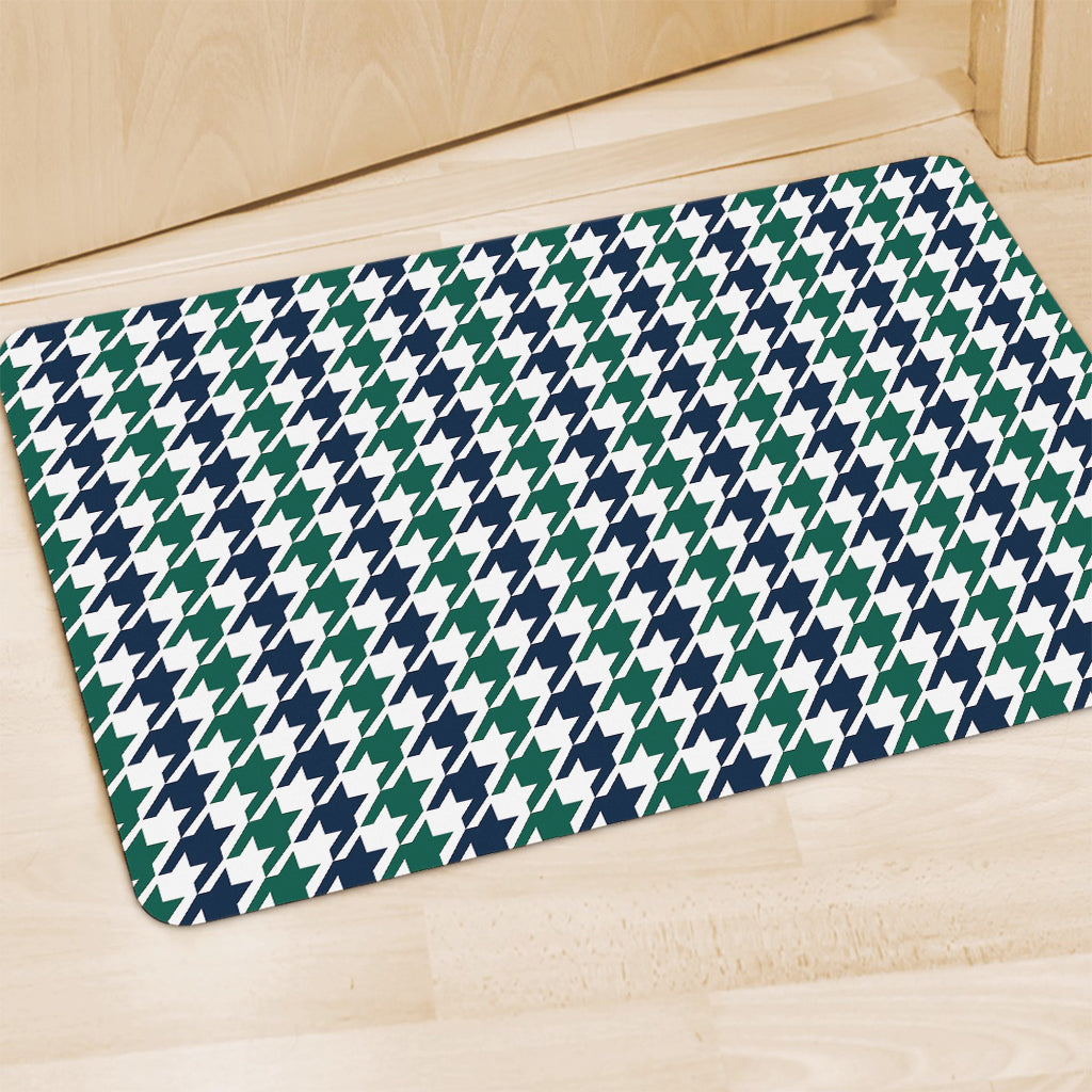 Blue Green And White Houndstooth Print Polyester Doormat