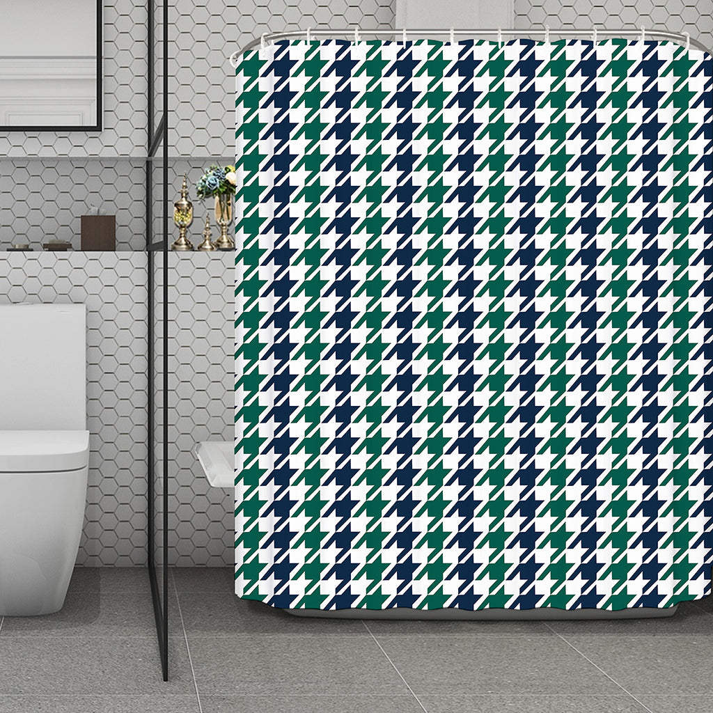 Blue Green And White Houndstooth Print Polyester Shower Curtain
