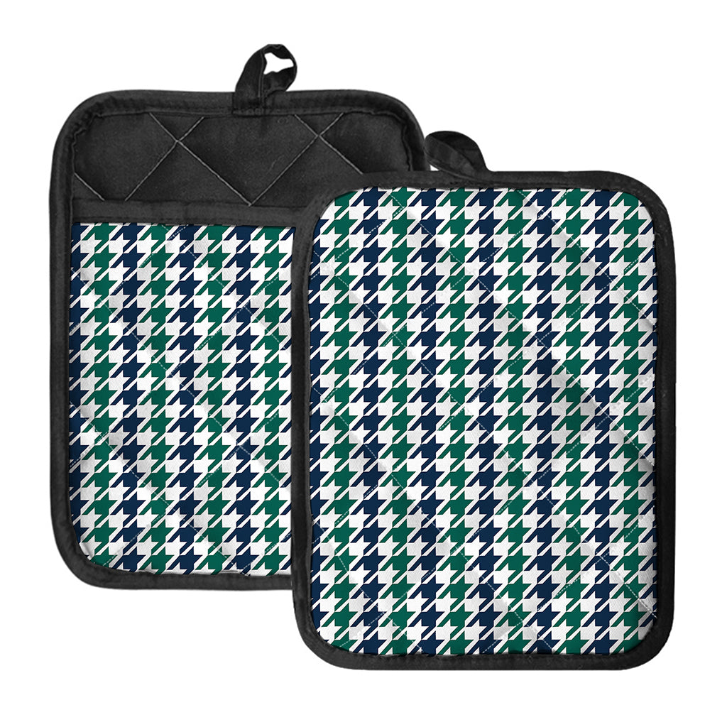 Blue Green And White Houndstooth Print Pot Holders With Pocket