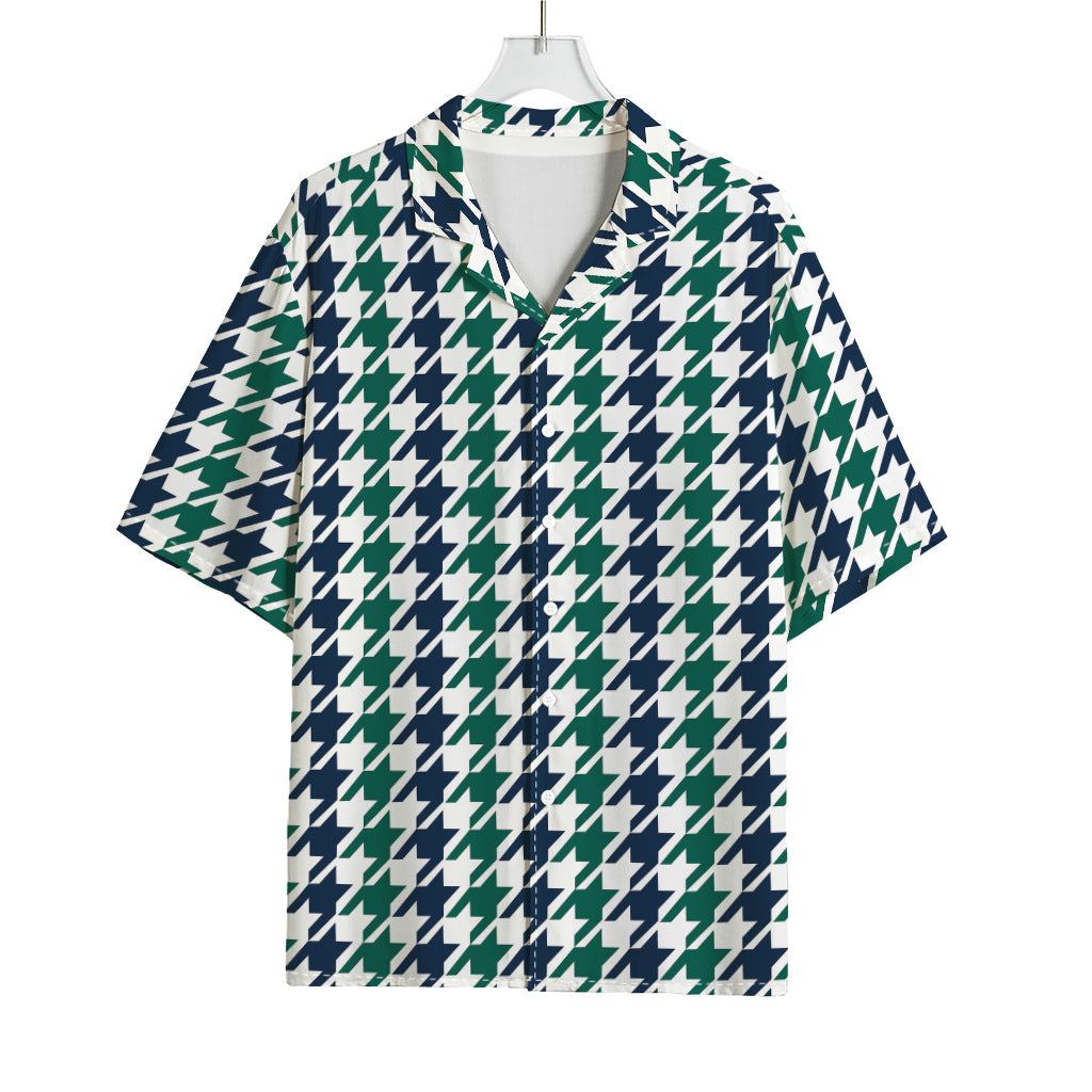 Blue Green And White Houndstooth Print Rayon Hawaiian Shirt