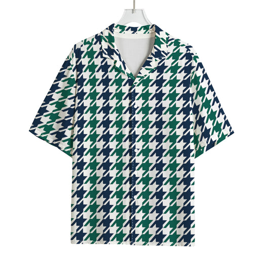 Blue Green And White Houndstooth Print Rayon Hawaiian Shirt