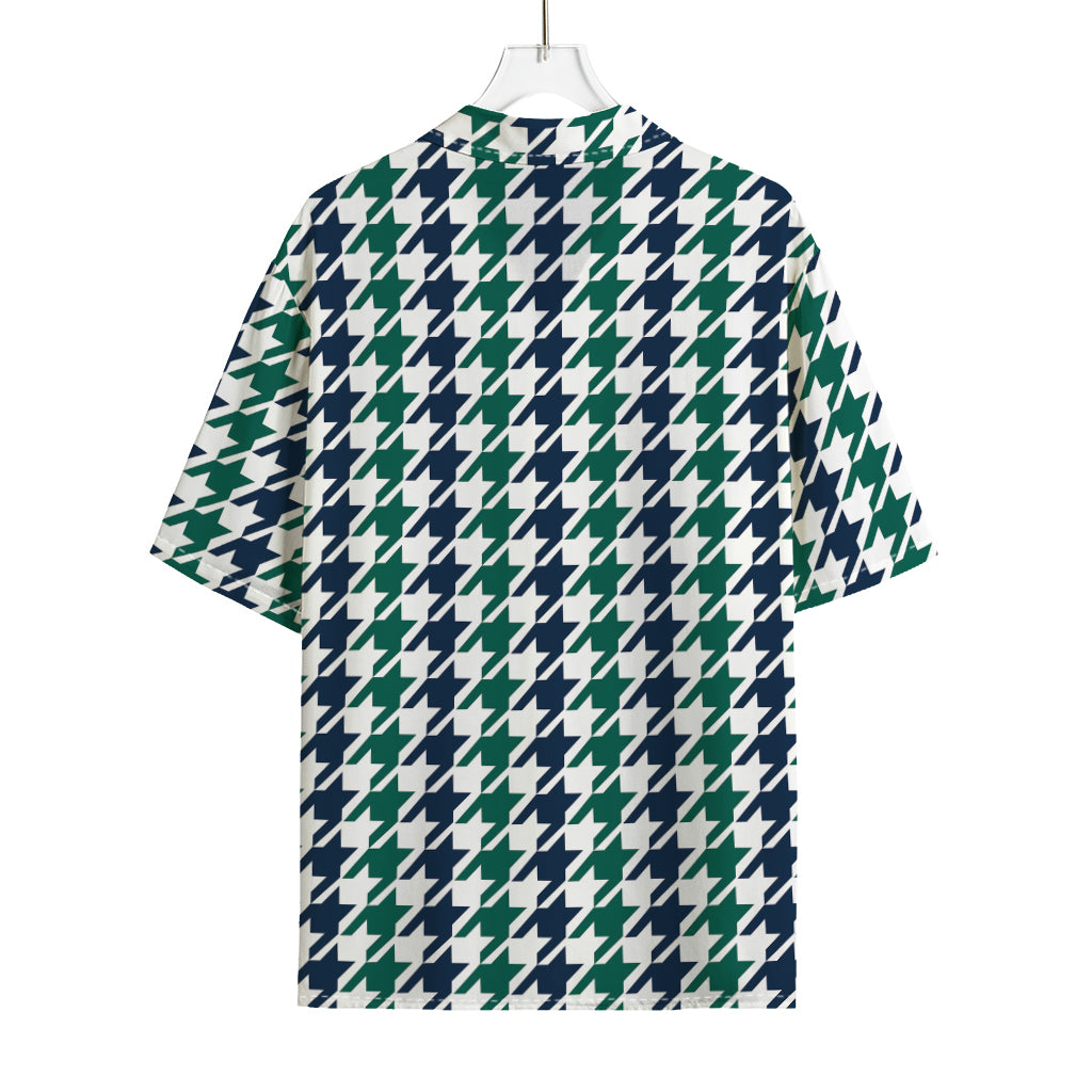 Blue Green And White Houndstooth Print Rayon Hawaiian Shirt