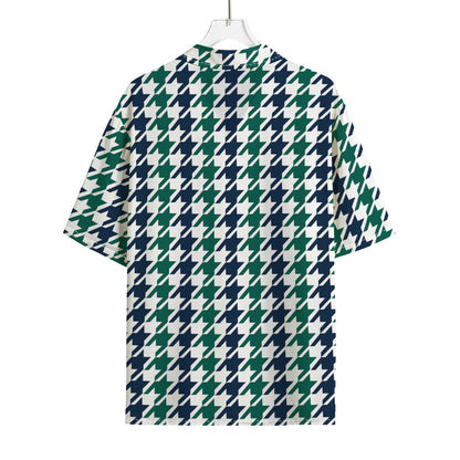 Blue Green And White Houndstooth Print Rayon Hawaiian Shirt