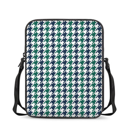 Blue Green And White Houndstooth Print Rectangular Crossbody Bag