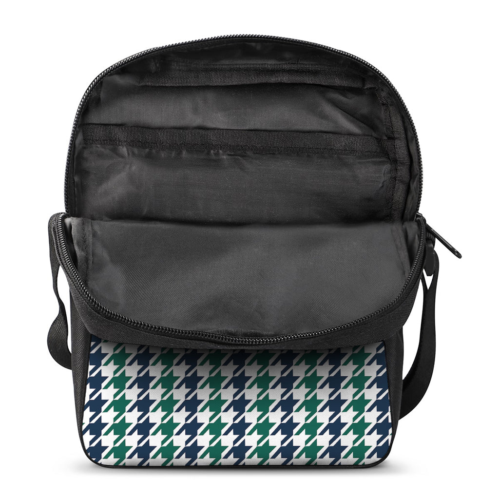 Blue Green And White Houndstooth Print Rectangular Crossbody Bag