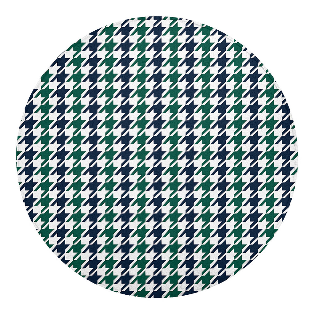 Blue Green And White Houndstooth Print Round Blanket