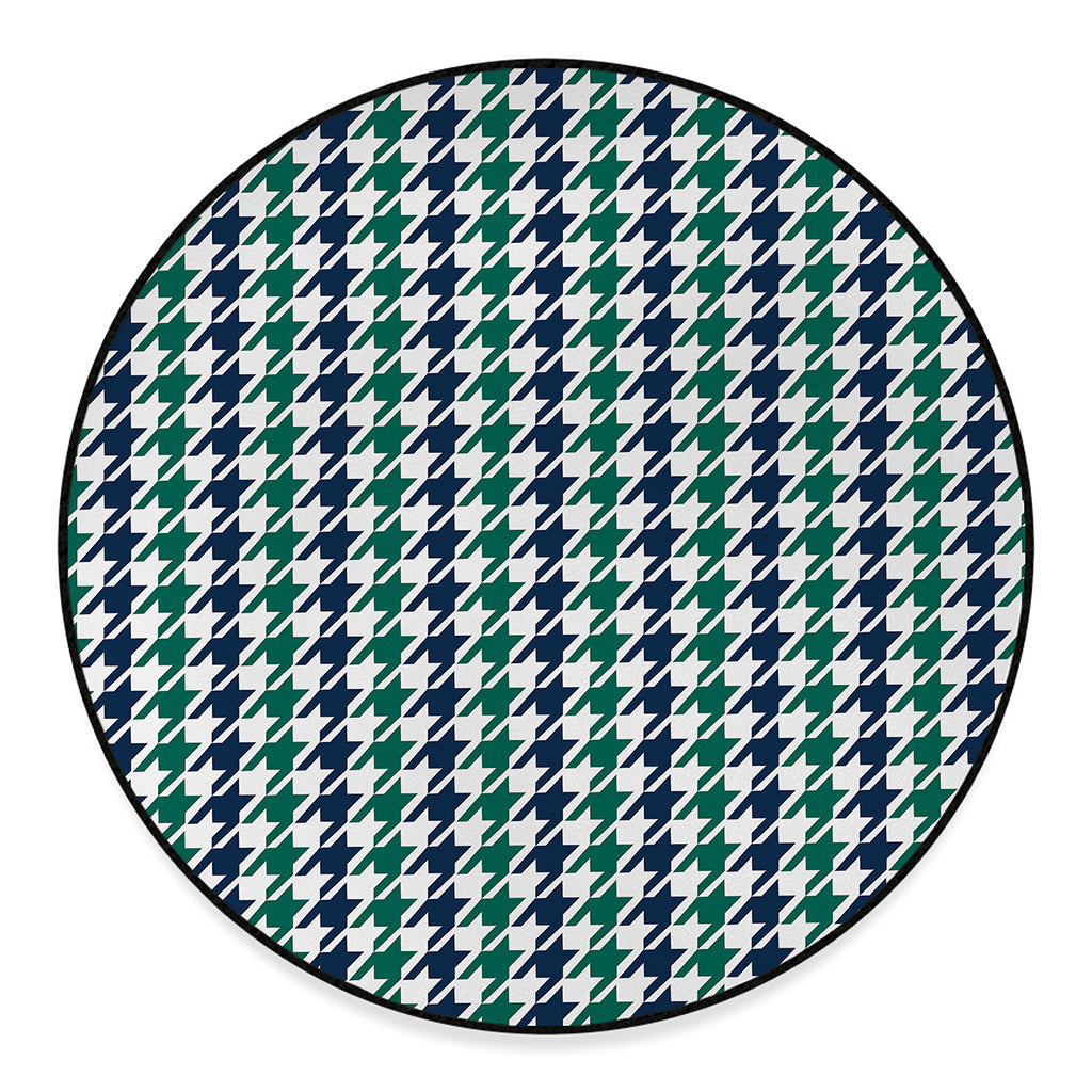 Blue Green And White Houndstooth Print Round Floor Mat