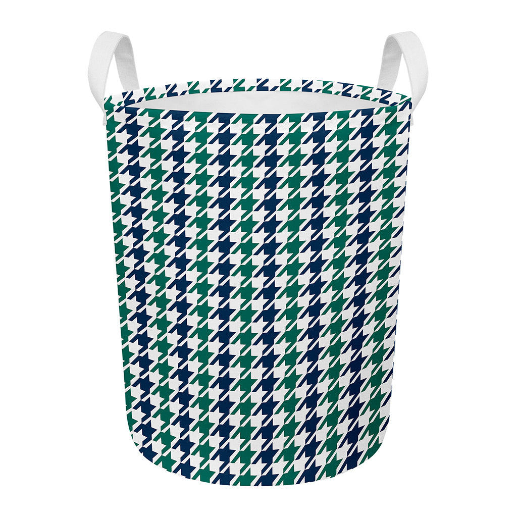 Blue Green And White Houndstooth Print Round Laundry Basket