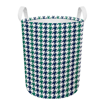 Blue Green And White Houndstooth Print Round Laundry Basket