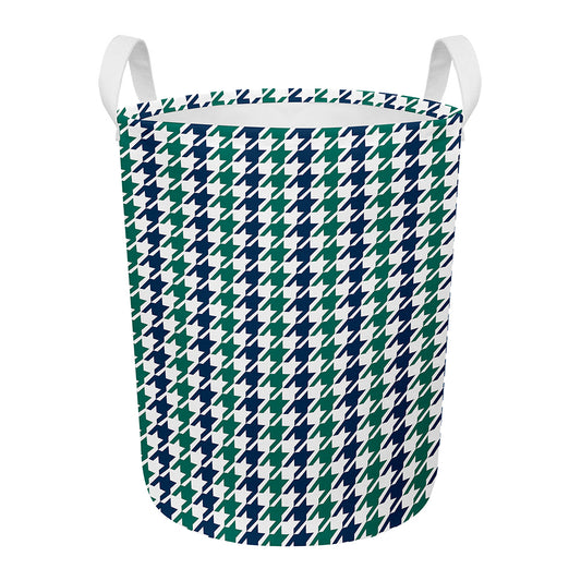 Blue Green And White Houndstooth Print Round Laundry Basket