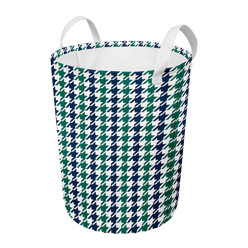 Blue Green And White Houndstooth Print Round Laundry Basket