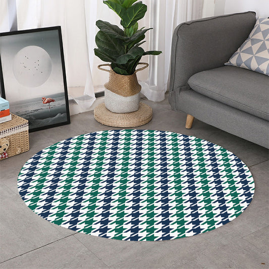 Blue Green And White Houndstooth Print Round Rug