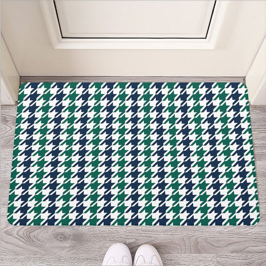 Blue Green And White Houndstooth Print Rubber Doormat