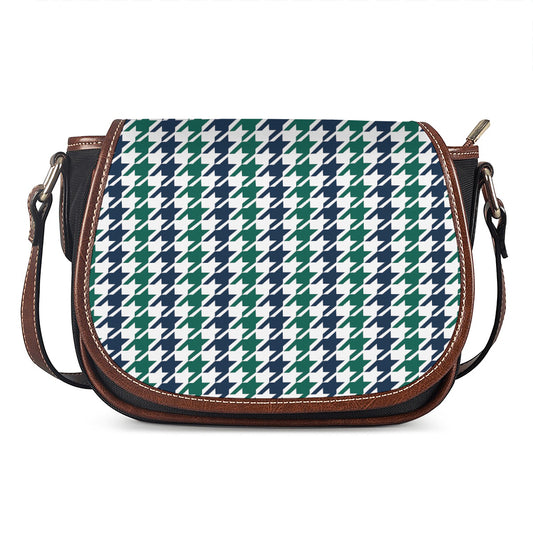 Blue Green And White Houndstooth Print Saddle Bag