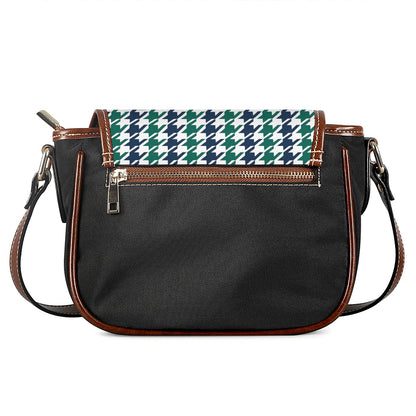 Blue Green And White Houndstooth Print Saddle Bag