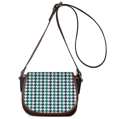 Blue Green And White Houndstooth Print Saddle Bag